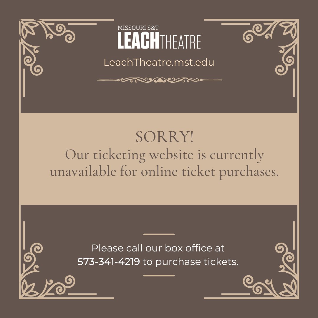 Our ticketing website for online sales will be down for several days for site maintenance. Please call 573-341-4219 and we will assist you with your ticket purchases. Mon. - Fri. 10:00am to 4:00pm. If no answer, leave a message and we will call you back the next business day.