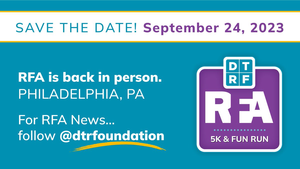 RunForAnswers's tweet image. The RFA 5K &amp;amp; Fun Run is back IN PERSON in Philadelphia on Sun., 9/24/23!

*IMPORTANT* All RFA news will be posted to DTRF’s social channels. WE ARE PHASING OUT THIS ACCOUNT. Please take a minute to follow us @dtrfoundation to be kept up to date on race registration. #RFA