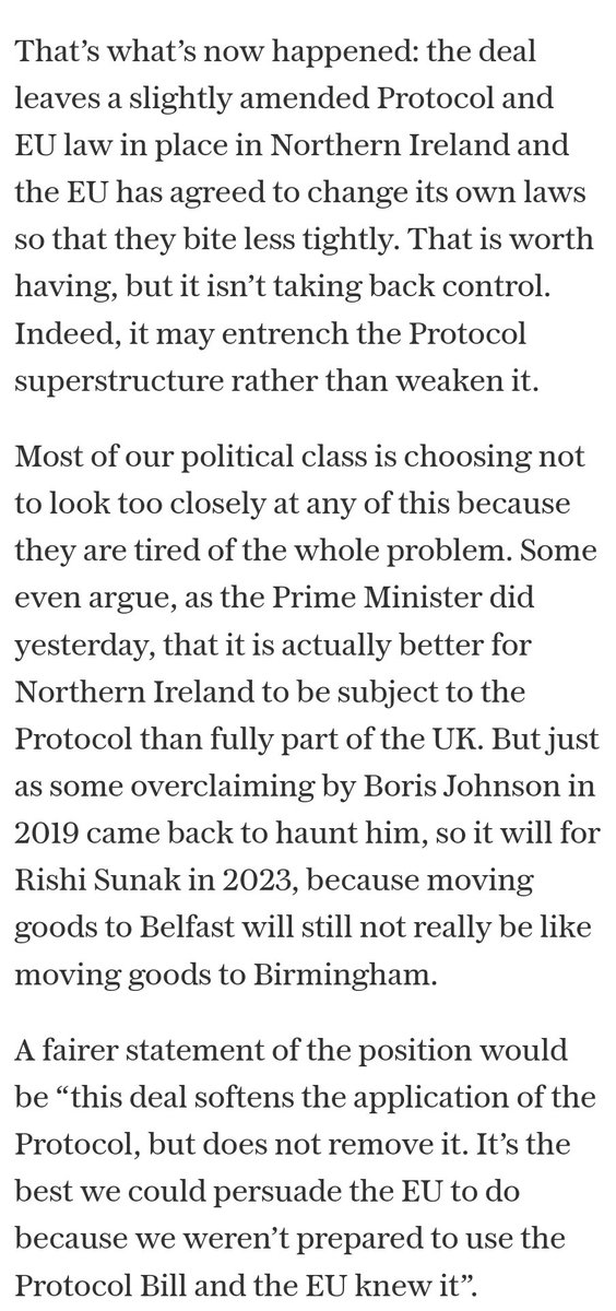 My <a href="/Telegraph/">The Telegraph</a> column with initial comment on the new NI Protocol deal. (Initial because there's still a lot of detail to work through.)

There are improvements, but it seems hugely oversold, &amp; may entrench the Protocol framework rather than weaken it.

telegraph.co.uk/news/2023/02/2…