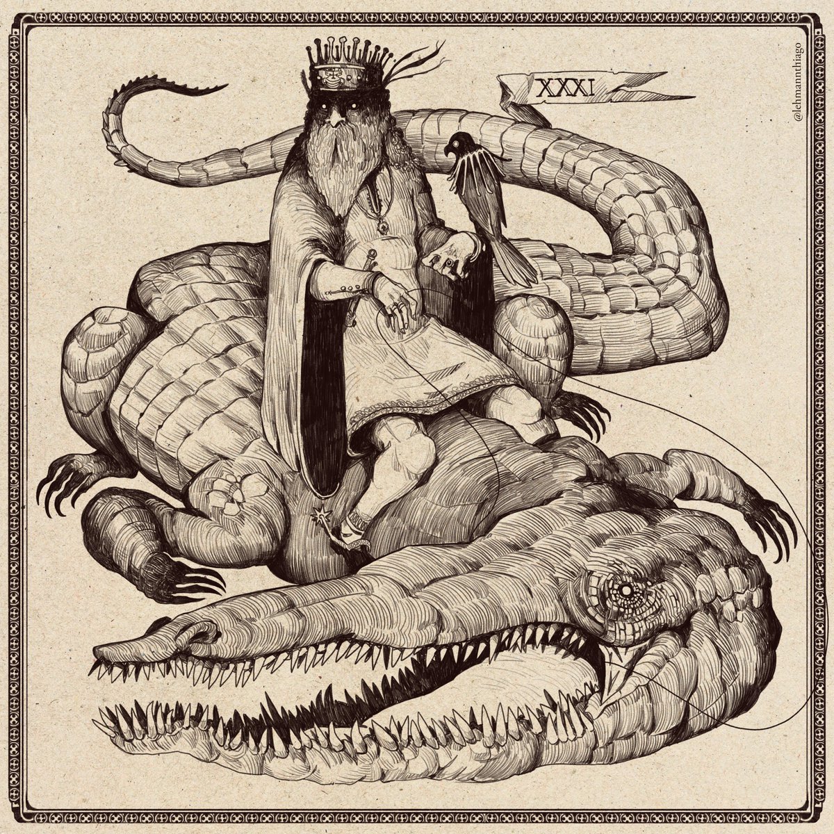 Duke Agares, who teaches languages, stops and retrieves runaway persons, causes earthquakes, and grants noble titles , also  commands 31 legions of demons. It's depicted as an old man, riding upon a crocodile, and carrying a hawk.

Inspired by the Dictionnaire Infernal. 