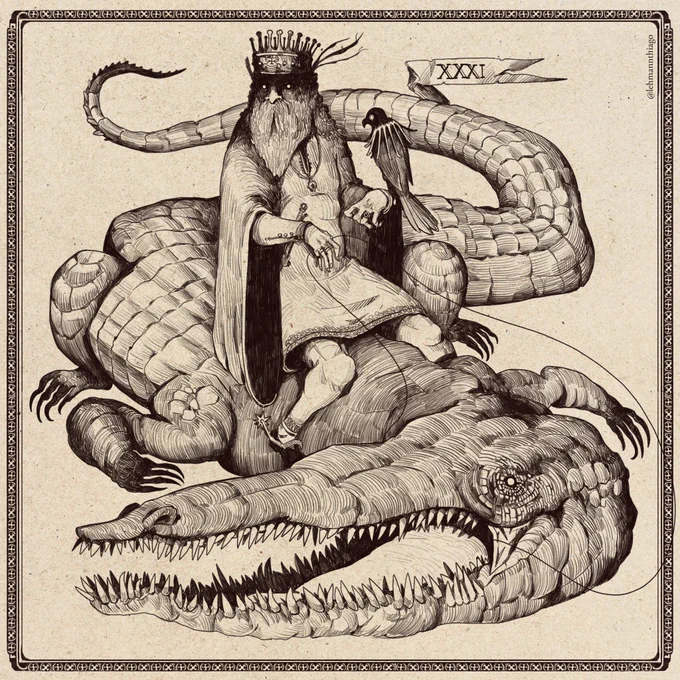 Duke Agares, who teaches languages, stops and retrieves runaway persons, causes earthquakes, and grants noble titles , also  commands 31 legions of demons. It's depicted as an old man, riding upon a crocodile, and carrying a hawk.

Inspired by the Dictionnaire Infernal. 
