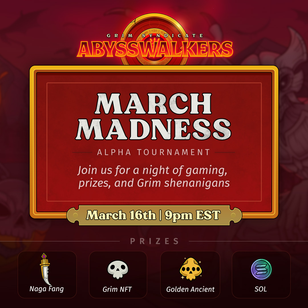 New Abysswalkers FREE Tournament for Grim holders coming up in 2 weeks! 

Full list of prizes and other surprises in our Discord Announcement (hint in the image below!)

You can sign up here! aw.grimsyndicate.com/play/tournamen…