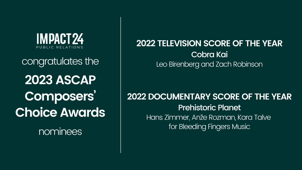 Congratulations to the composers and projects nominated for the 2023 <a href="/ASCAP/">ASCAP</a> Composers’ Choice Awards!

- #CobraKai - <a href="/leobirenberg/">Leo Birenberg</a> and <a href="/zachrobinson/">Zach Robinson</a> 
- #PrehistoricPlanet - <a href="/HansZimmer/">Hans Zimmer</a>, <a href="/ARozmanComposer/">Anže Rozman</a>, Kara Talve for <a href="/BFCustomMusic/">Bleeding Fingers Music</a>

<a href="/CobraKaiSeries/">Cobra Kai</a> #ASCAPAwards #ASCAP #Composer