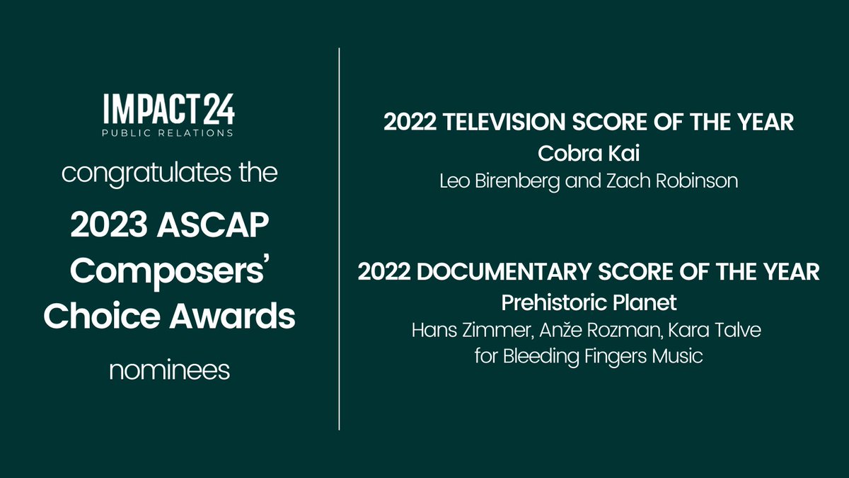 Congratulations to the composers and projects nominated for the 2023 @ASCAP Composers’ Choice Awards! - #CobraKai - @leobirenberg and @zachrobinson - #PrehistoricPlanet - @HansZimmer, @ARozmanComposer, Kara Talve for @BFCustomMusic @CobraKaiSeries #ASCAPAwards #ASCAP #Composer