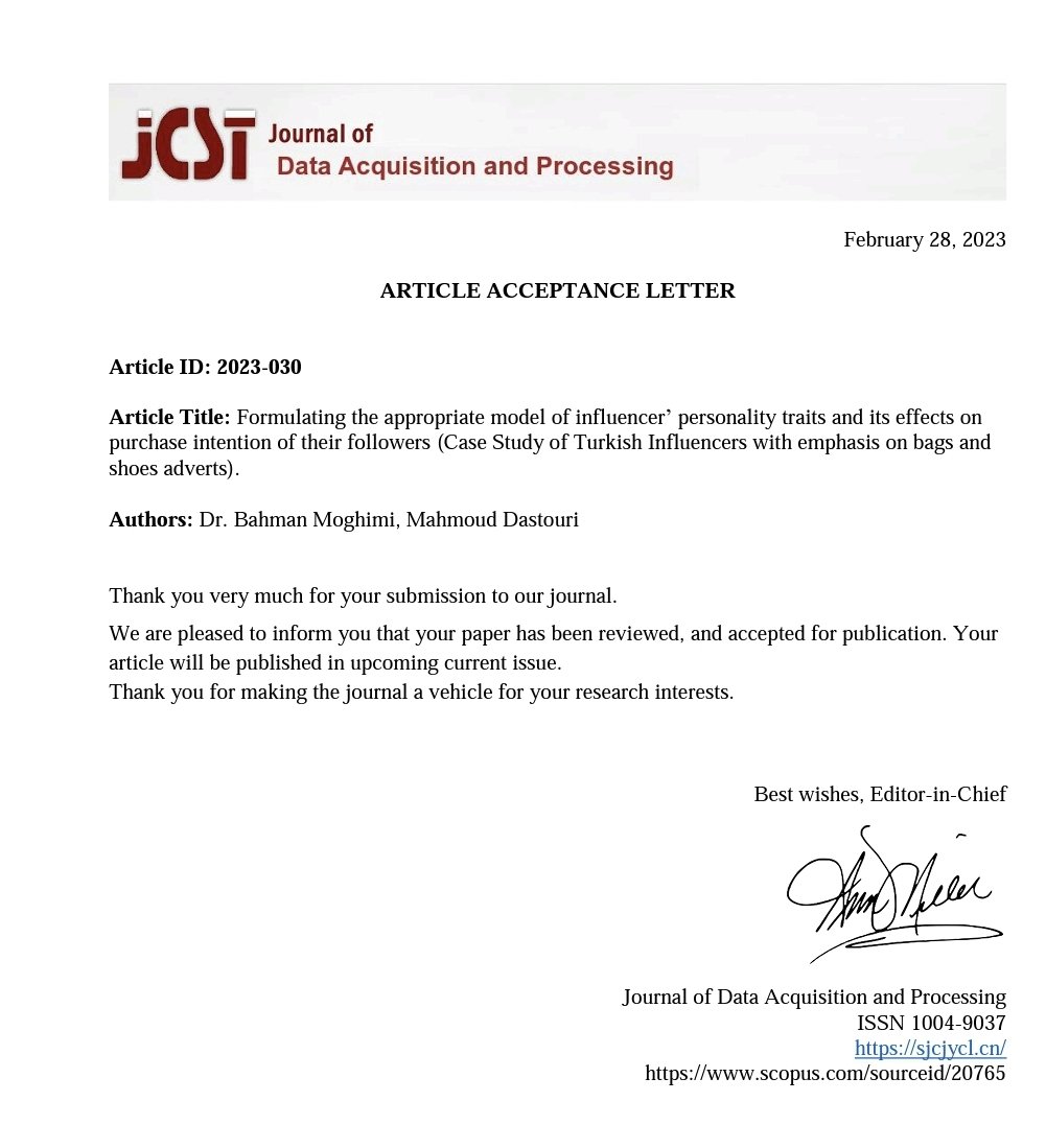 BMoghimi's tweet photo. Our #paper:

 "Formulating the appropriate model of #influencer 's personality traits and its effects on purchase intention"

was accepted at #Journal of Data Acquisition and Processing. 

#Bahman_Moghimi
#John_Dastouri
#The_University_of_Georgia 
#Tbilisi 
#Fashion_Industry https://t.co/3iVg3xMW4l