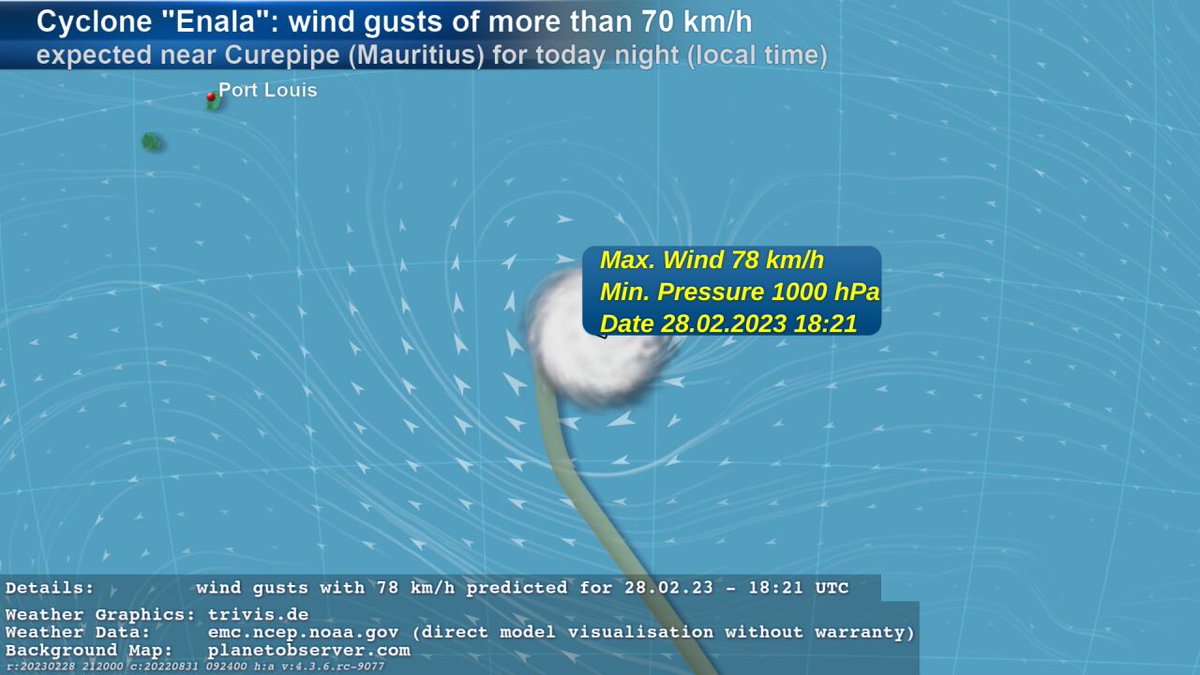 ASKMeteo's tweet photo. We also follow Cyclone "#Enala". EMC GFS data contains #weather of type "#StrongWind" with wind gusts of more than 70 km/h near #Curepipe (#Mauritius) for today night given in local time. The wind gusts with 78 km/h are expected for 28.02.23 - 18:21 UTC. https://t.co/IuV2GwlBT5
