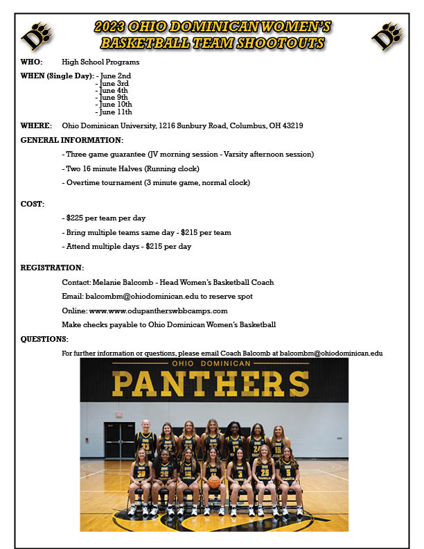 🟡⚫TEAM SUMMER SHOOTOUT SESSIONS⚫🟡
Our Summer Shootouts are back! Registration is now open. Will your team be there 👉
Online: odupantherswbbcamps.com
Email: balcombm@ohiodominican.edu