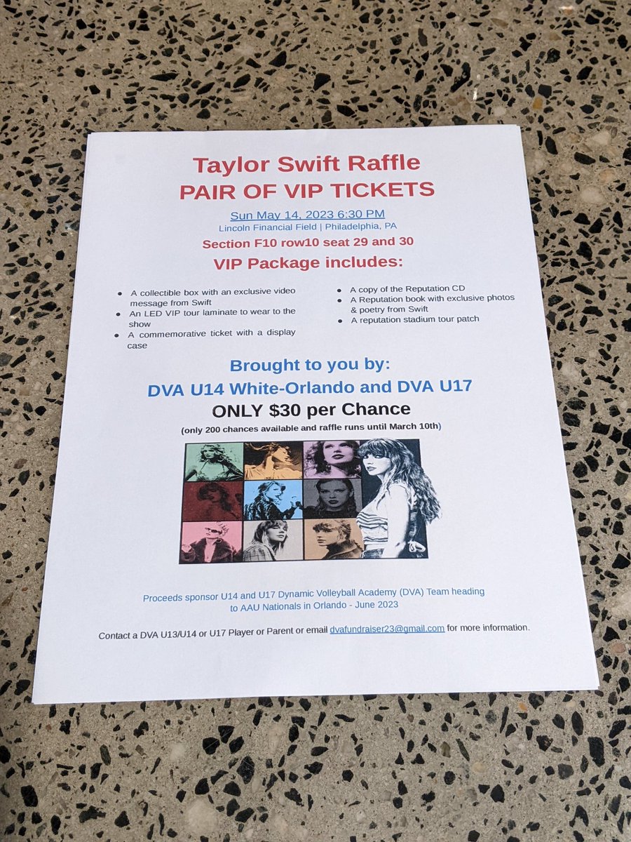 herbgardnerette's tweet photo. Taylor Swift chances! Fundraising for DVA volleyball club. $30 a chance for VIP tickets. See flyer.
#taylorswifttickets #phillyconcert https://t.co/BnSIFQZ6Wq