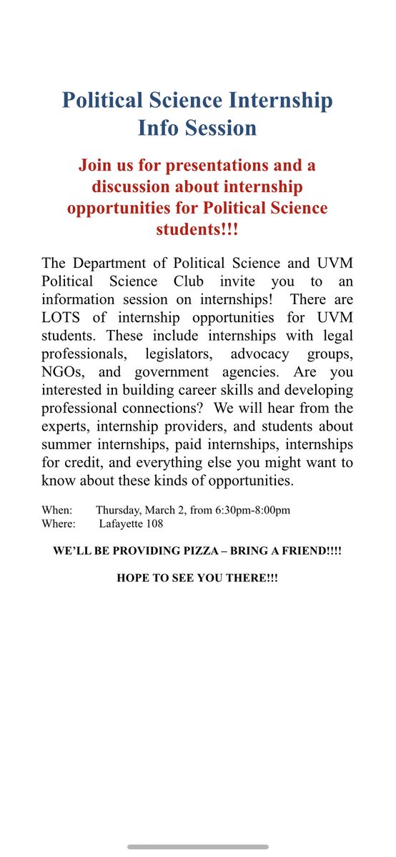 uvmpols's tweet photo. Reminder that THIS THURSDAY the UVM Political Science Department will be hosting an Internship Info session! 
Lafayette 108 from 6:30pm-8pm! 
There’s gonna be pizzaaa! https://t.co/Bw4AvpzSju
