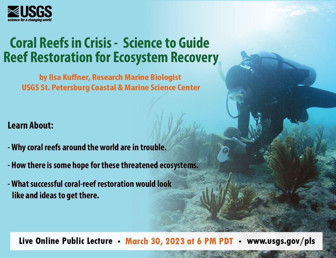 USGS's tweet photo. SAVE THE DATE!! USGS Public Lecture 3/30/23. 6pm PT. Coral Reef in Crisis - Science to Guide Reef Restoration for Ecosystem Recovery - Ilsa Kuffner, Research Marine Biologist USGS St. Petersburg Coastal &amp; Marine Science Center
https://t.co/D8hgqyAmdb
#CoralReef #ecosytems https://t.co/PwVpgvRk7v