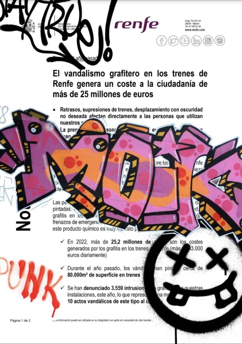 NewsReputation's tweet photo. La nota de prensa de Renfe para intentar transmitir mejor el problema del vandalismo grafitero. https://t.co/AZhcuEX07x