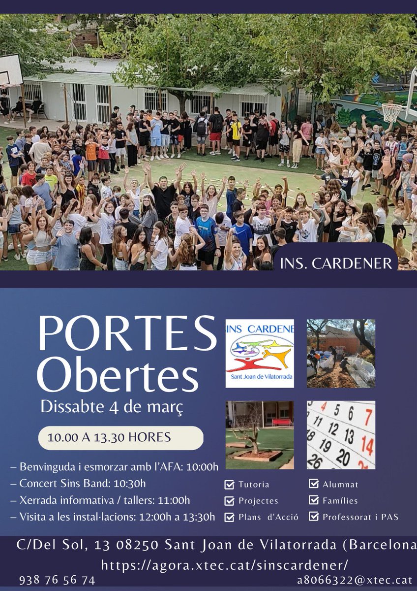 ttubio (@ttubio) on Twitter photo Dissabte 4 de març PORTES OBERTES a @institut_cardener. Us hi esperem a tots i a totes.
<a href="/SINSCARDENER/">SINS CARDENER</a> #eso #secundària #portesobertes #educaciocat #inscripció @santjoandevilatorrada Dissabte 4 de març PORTES OBERTES a @institut_cardener. Us hi esperem a tots i a totes.
<a href="/SINSCARDENER/">SINS CARDENER</a> #eso #secundària #portesobertes #educaciocat #inscripció @santjoandevilatorrada