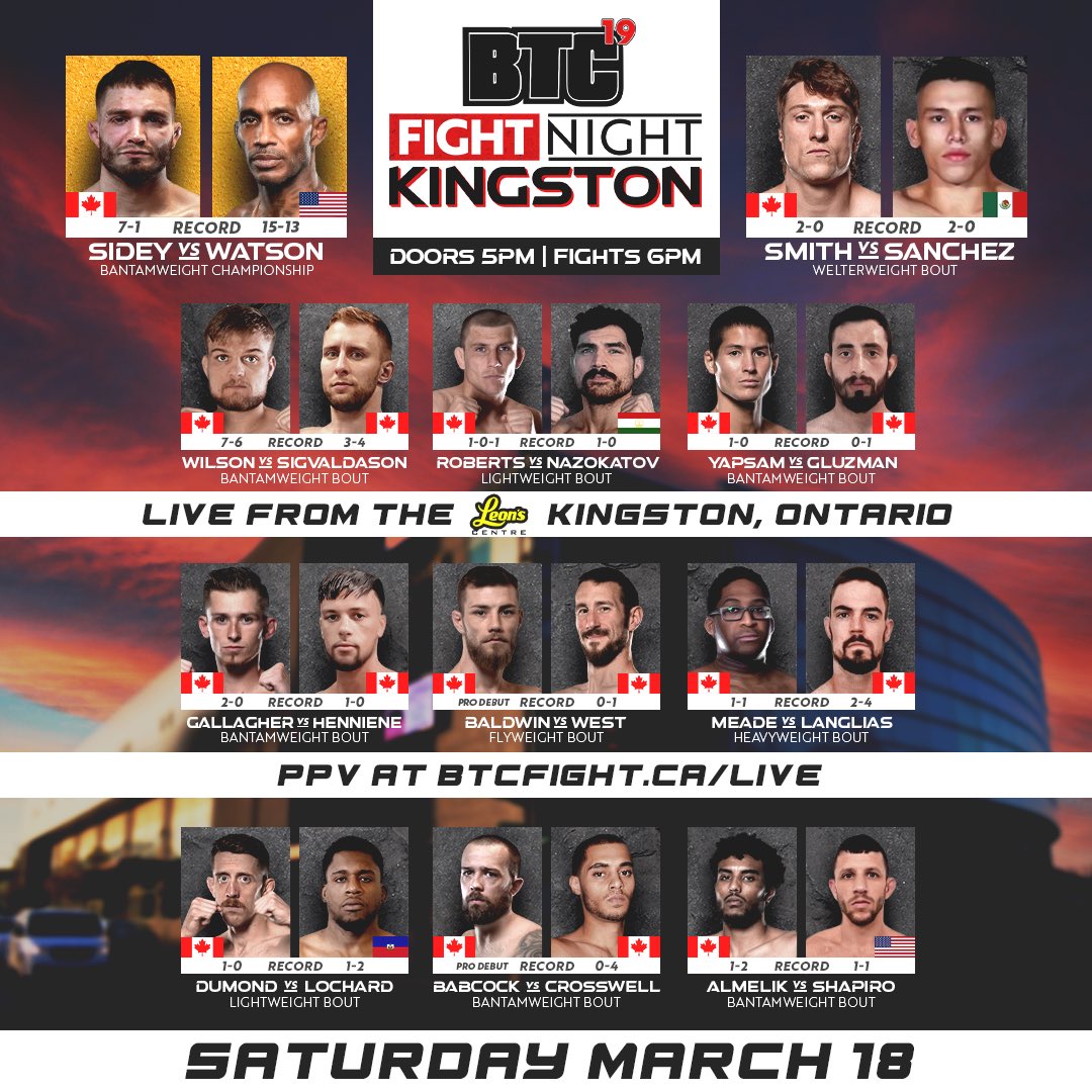 BTCFight's tweet photo. BTC 19: Fight Night Kingston 🔥 Eleven fights already set for March 18th at the @LeonsCentre ⚔️ #BTC19 #Kingston https://t.co/CTlvYWAKmf