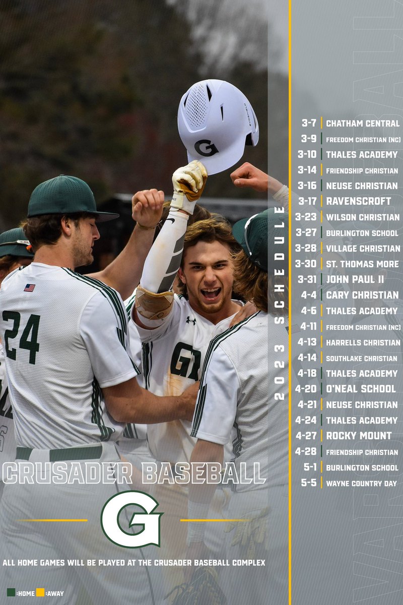 Your 2023 Grace Christian School Varsity Baseball Schedule. 

One week from today! 
#WeAreGrace #WorkWitnessWin