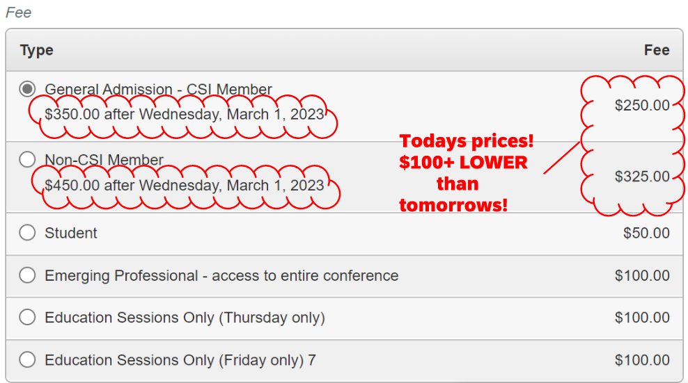 CSISERegion's tweet image. #CSISERCon23 pricing INCREASES TOMORROW MARCH 1st by $100+

Don&apos;t forget to register TODAY to save $$$. See you there!
conta.cc/3ZUGW9D=