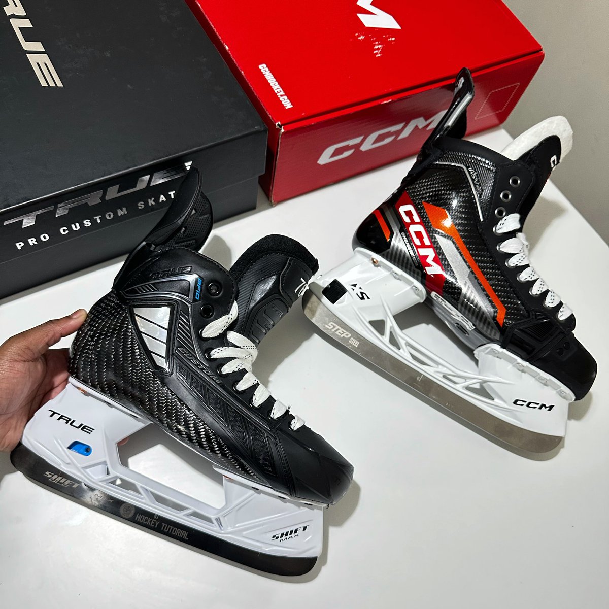 Custom CCM, Custom TRUE. Just waiting on the Custom Bauer and the ultimate custom skates review will be ready to film. We’ve learned a lot about how each skate is constructed, performs and most importantly fit and stiffness Can’t wait to share #CCMHockey #TrueHockey #customskates