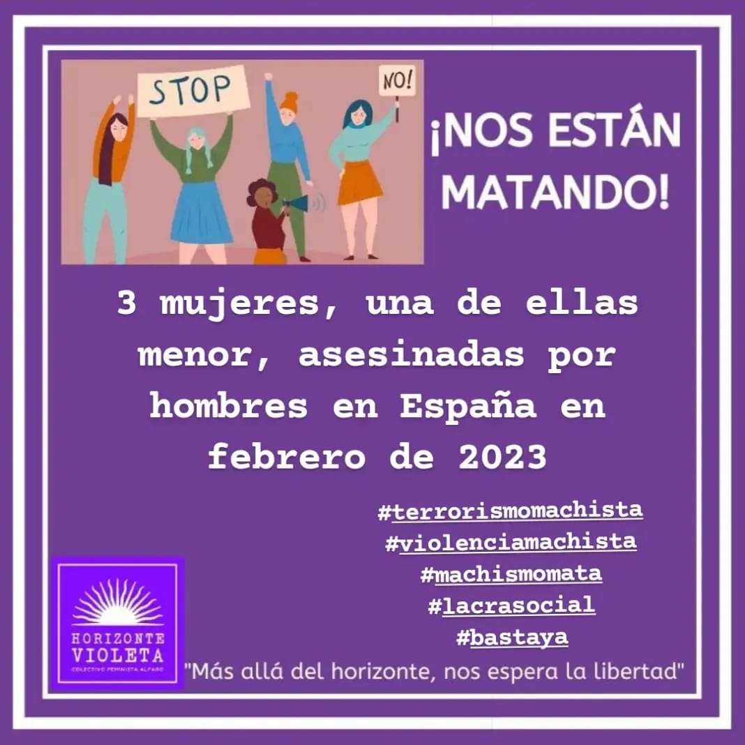 HorizonteViolet's tweet photo. Balance de asesinadas a manos de hombres en febrero de 2023 en España.

#terrorismomachista 
#violenciamachista 
#machismomata 
#bastaya 
#lacrasocial https://t.co/eEgsxMuBjf