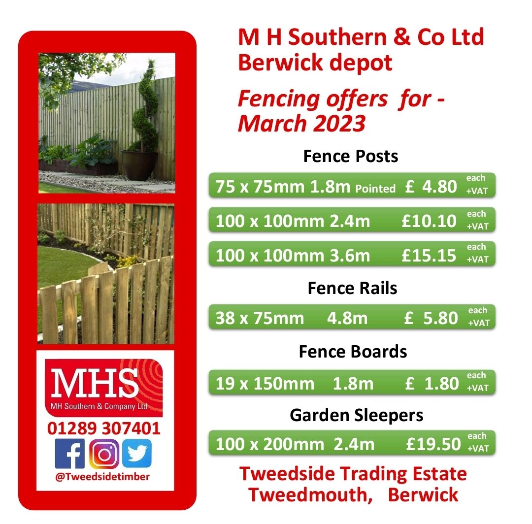 TweedsideTimber's tweet photo. We stock a large range of treated fencing at our Berwick depot and here are a few offers to tempt you this March.

Call us on 01289 307401 or email berwick@mhsouthern.co.uk to check stock or for a quote. https://t.co/AShF5cAi4A
