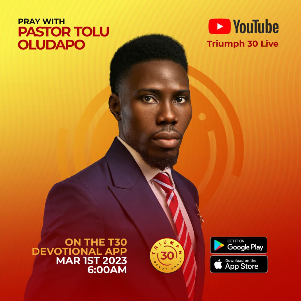 lorettaa_e's tweet photo. We are stepping into the month of March with The Power of Prayers with Pastor Tolu @tolulopeoludapo on @t30devotion ❤️‍🔥❤️‍🔥.

Set your alarms 
6am ⏰, Tomorrow 1st March 2023.

Go Subscribe to Triumph30 LIVE on YouTube to get the notification to Prayy 
See you ❤️❤️🔥 https://t.co/bckQbJsIBs