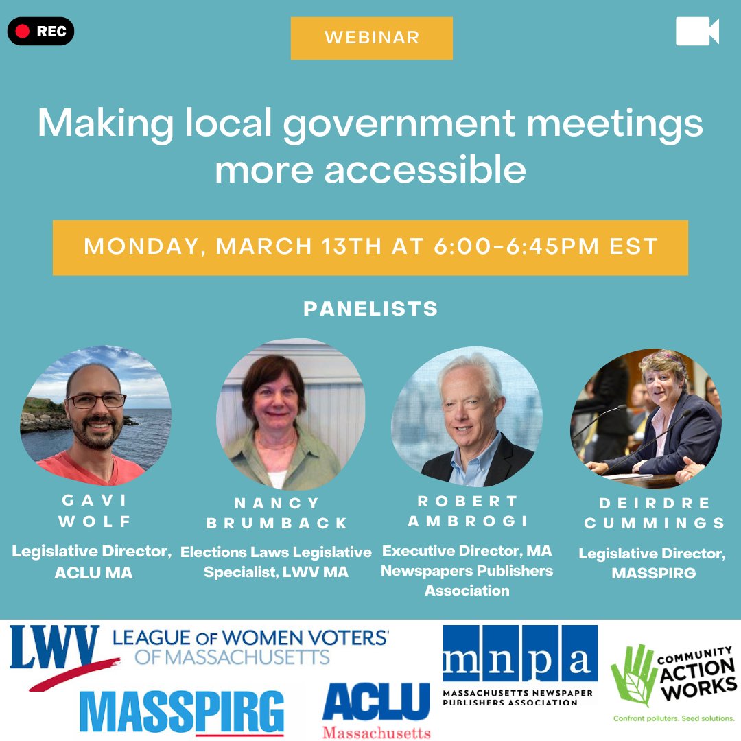 LWVMA's tweet photo. Check out this upcoming webinar about making local government meetings accessible! The panelists will be discussing the legislation to require meetings subject to the open meeting law be offered with both in-person &amp; remote access available. 

RSVP here: https://t.co/PiKPI7XcX2 https://t.co/ZMjRqi1FL7