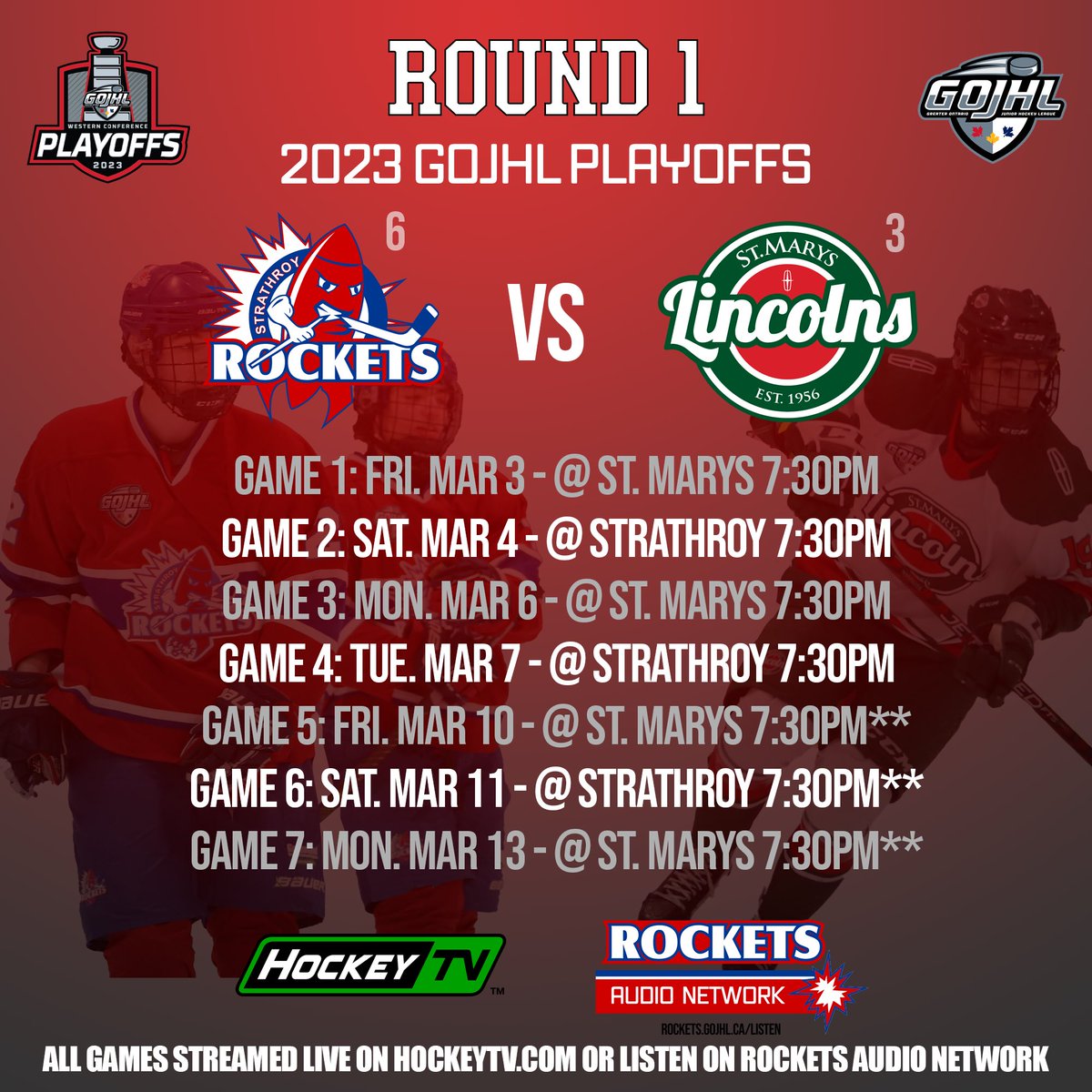 The Sutherland Cup Playoffs begin this Friday! 

Here’s our first round schedule against the <a href="/stmlincolns/">St. Marys Lincolns</a>! General admission tickets for home game are $11, let’s fill the rink!