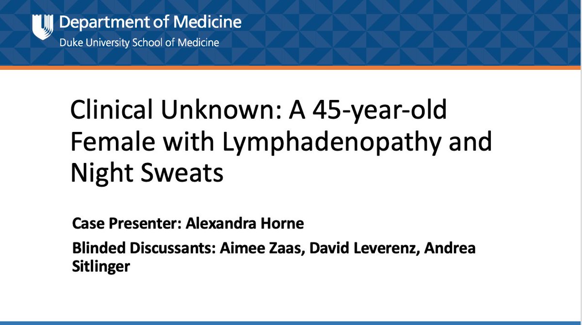 Alex Horne (@alexhornemd) on Twitter photo Had a blast getting to present a clinical unknown case at <a href="/dukemedicine/">Duke Department of Medicine</a>'s LEADS conference today! A big thank you to <a href="/AimeeZaas/">Dr. AimeeZaasDukeIMPD</a>, <a href="/DavidLeverenz/">David Leverenz, MD</a>, and <a href="/AndreaSitlinger/">Andrea Sitlinger</a> for agreeing to be blinded discussants and sharing their diagnostic wisdom and clinical pearls. Had a blast getting to present a clinical unknown case at <a href="/dukemedicine/">Duke Department of Medicine</a>'s LEADS conference today! A big thank you to <a href="/AimeeZaas/">Dr. AimeeZaasDukeIMPD</a>, <a href="/DavidLeverenz/">David Leverenz, MD</a>, and <a href="/AndreaSitlinger/">Andrea Sitlinger</a> for agreeing to be blinded discussants and sharing their diagnostic wisdom and clinical pearls.