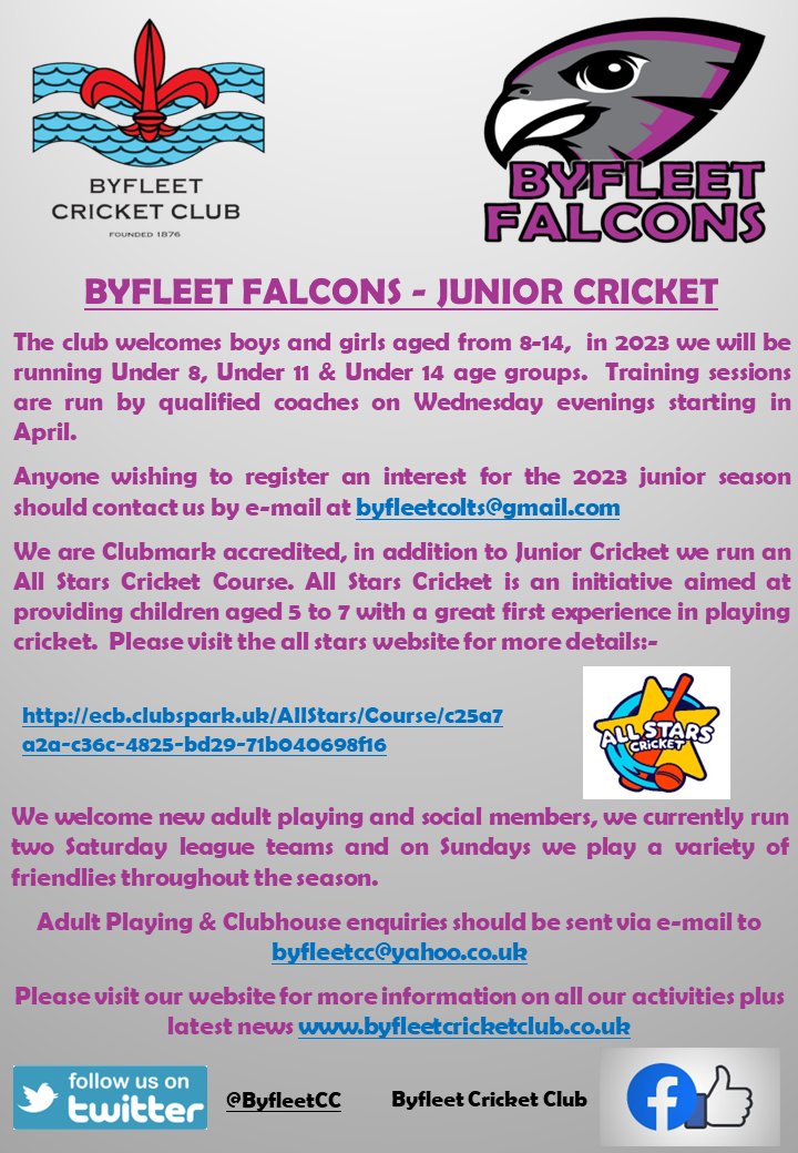 ByfleetCC's tweet photo. With the cricket season fast approaching we are looking for new players both junior and seniors.  If you have a child interested in playing cricket please contact us by email for more details byfleetcolts@gmail.com. https://t.co/PB7y937f8Y
