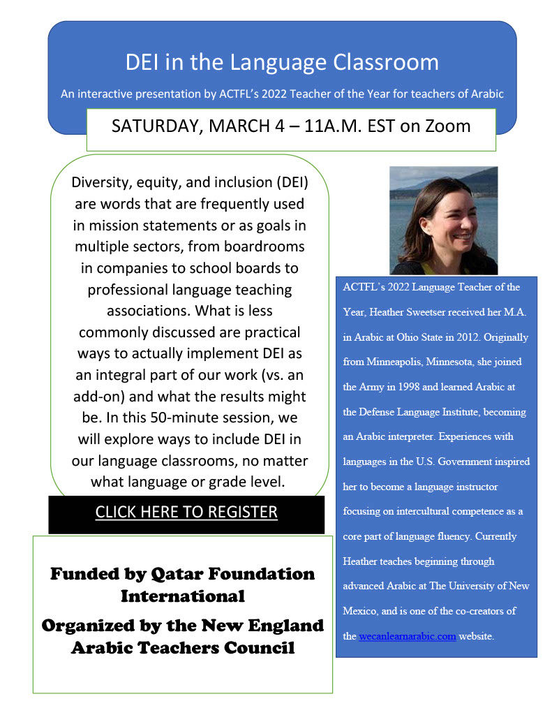 JOIN US THIS SATURDAY, MARCH 4⃣@ 11am over ZOOM 💻 for an interactive presentation on "DEI in the Language Classroom" with <a href="/HeatherSweetser/">Heather Sweetser</a>. Learn more &amp; register here: bit.ly/3ZpT3dI