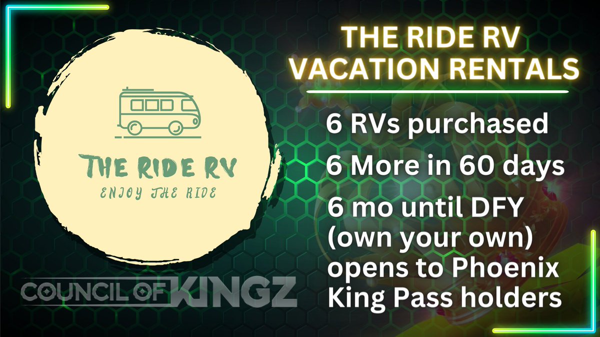 councilofkingz's tweet photo. One of our new ventures in the Council of Kingz is The Ride RV. Fully managed by the Kingz benefiting our MARS program. The best part, PK holders will have the opportunity to add their own RV to the fleet.

Join our spaces tomorrow to learn more 👑
https://t.co/kxE5Ff8mMc https://t.co/QS7ofUZdf8