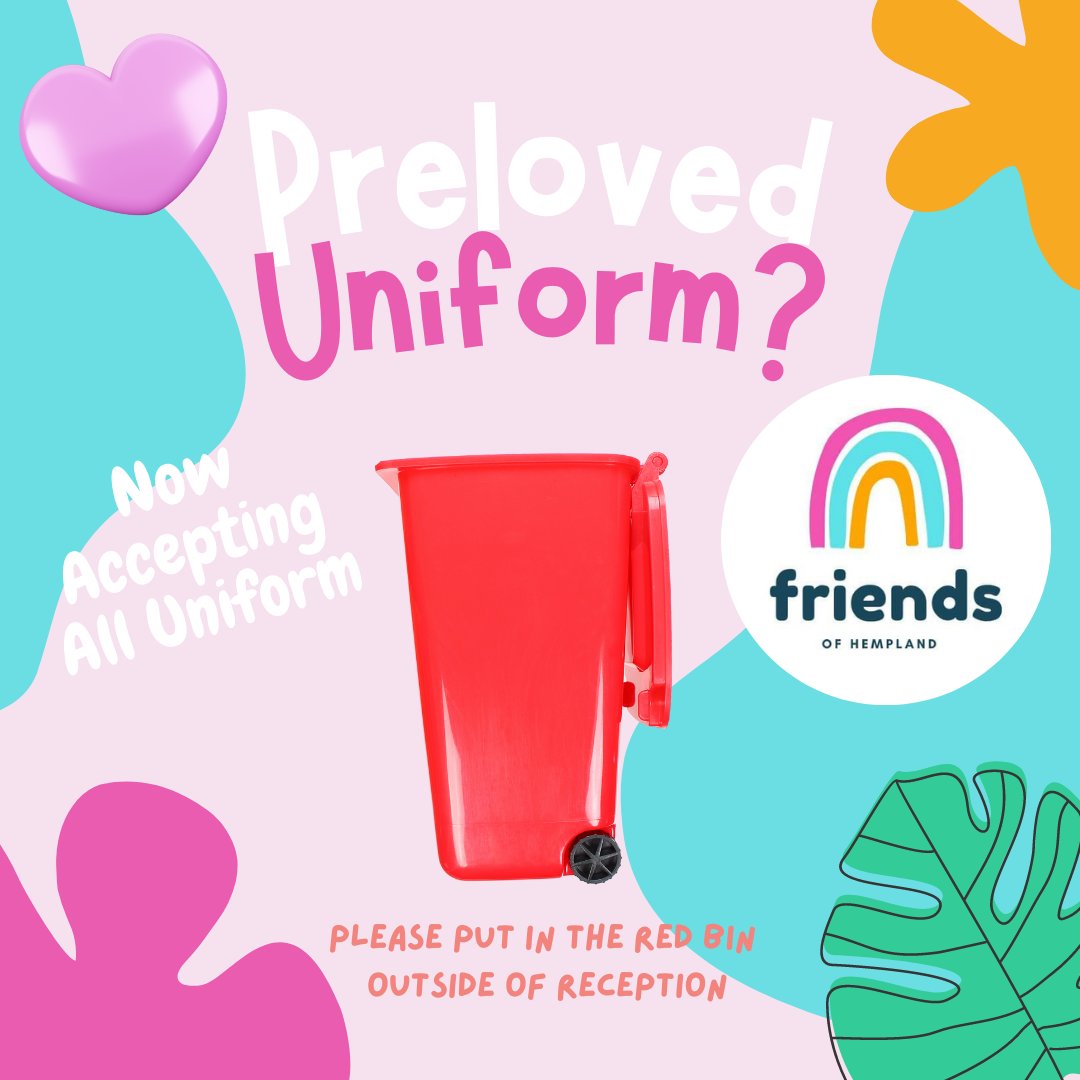 Do you have any unwanted school uniform?
We would be greatful for any uniform donations.
Now accepting all uniform donations.
Please leave in Red Wheelie Bin outside of reception.

Thank You