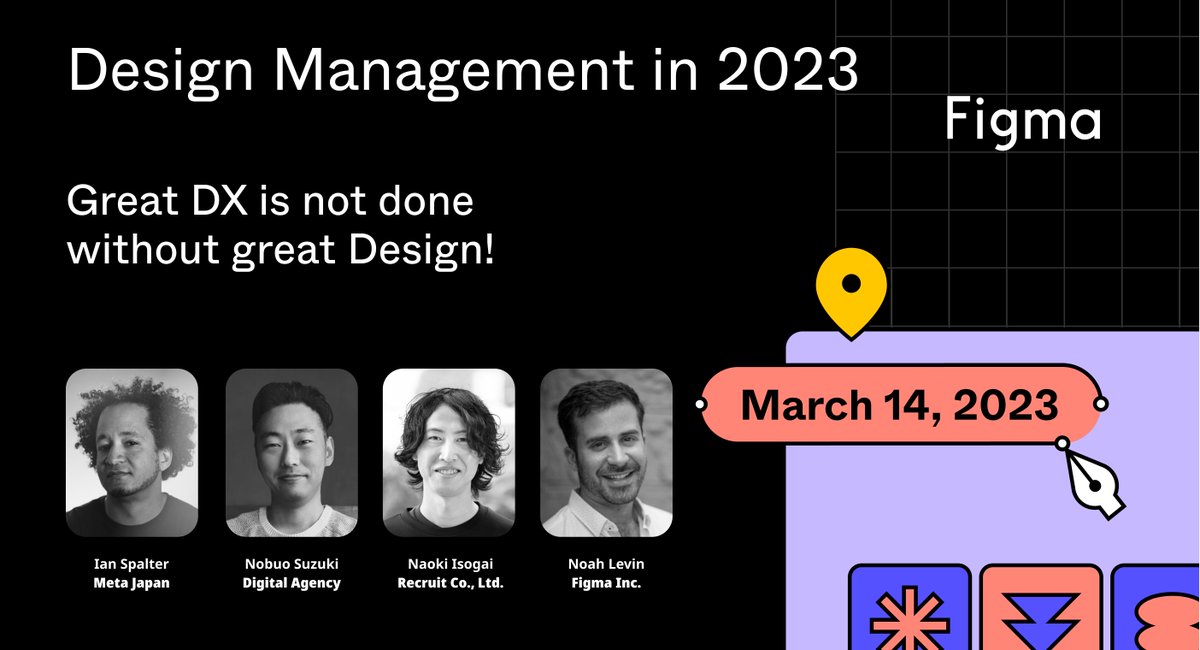 figma's tweet image. Join us on March 14 for a hybrid event brought to you by @FigmaJapan. You'll hear from @nlevin, Ian Spalter, and other design leaders as they discuss Figma use cases, best practices, and more.

Live translations will be available in English and Japanese. bit.ly/3YaXMPg