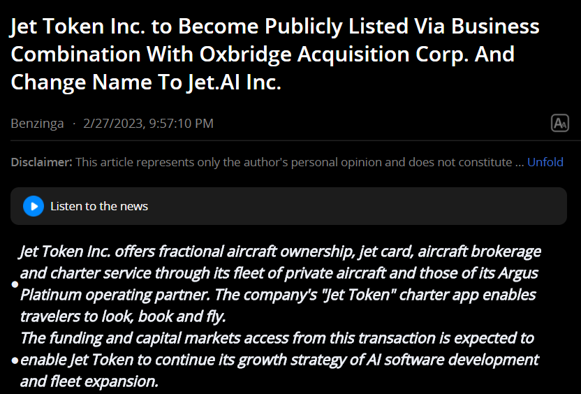 jakekoren's tweet image. SPAC $OXAC - OXBRIDGE to merge with private jet provider Jet Token.  Spac&apos;s target identified. 

Follow for more

#SPAC #reversemerger #merger #trading #invesment #IPO #StocksToWatch #stockmarket