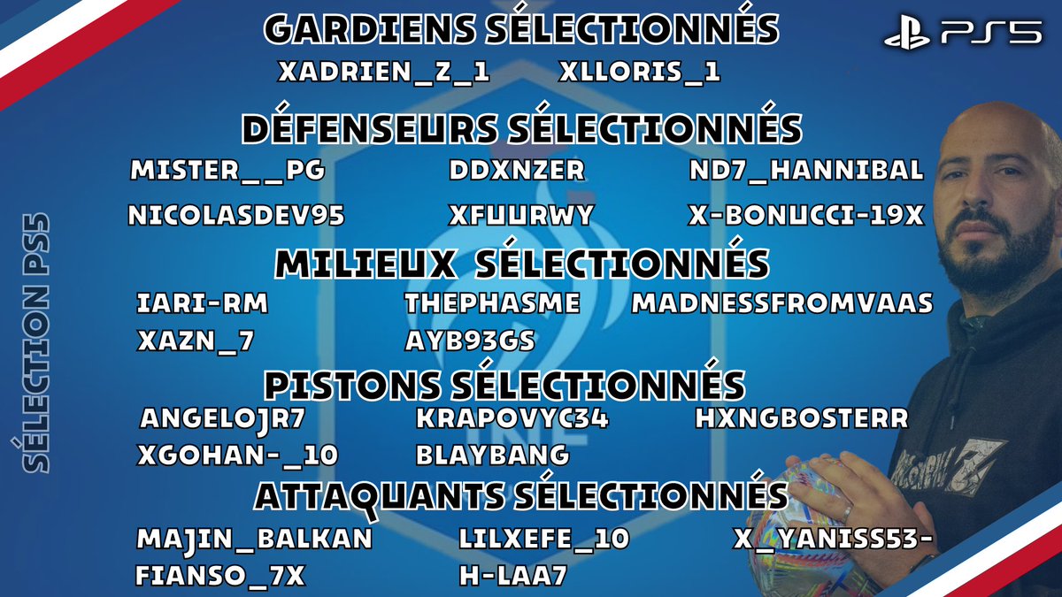 MemeZ (@memez94) on Twitter photo J’ai l’honneur de vous présenter la liste des joueurs de l’équipe de France <a href="/LesBleusClubPro/">INF Virtual Club Pro</a> qui iront dès ce week-end, débuter la Ligue des Nations sur #Fifa #Clubpro Version PS4 / PS5
À nous la victoire ! À nous le doublé 🤩
<a href="/_Official_PGS/">PGS Esports</a>
Visuel By <a href="/Ben936001/">Ben93600</a> J’ai l’honneur de vous présenter la liste des joueurs de l’équipe de France <a href="/LesBleusClubPro/">INF Virtual Club Pro</a> qui iront dès ce week-end, débuter la Ligue des Nations sur #Fifa #Clubpro Version PS4 / PS5
À nous la victoire ! À nous le doublé 🤩
<a href="/_Official_PGS/">PGS Esports</a>
Visuel By <a href="/Ben936001/">Ben93600</a>
