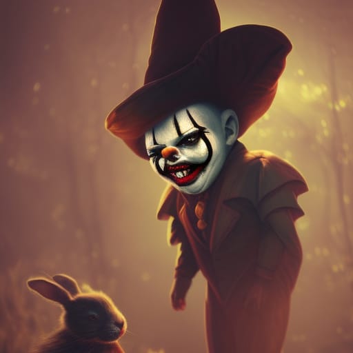 golapog's tweet photo. "Creepy clown, creepy smile and a creepy rabbit  - made with @NightCafeStudio 

https://t.co/LZA9CTwfo6

#aiart #nightcafe #digitalart https://t.co/LZA9CTwfo6 https://t.co/WWL0g0tNk9