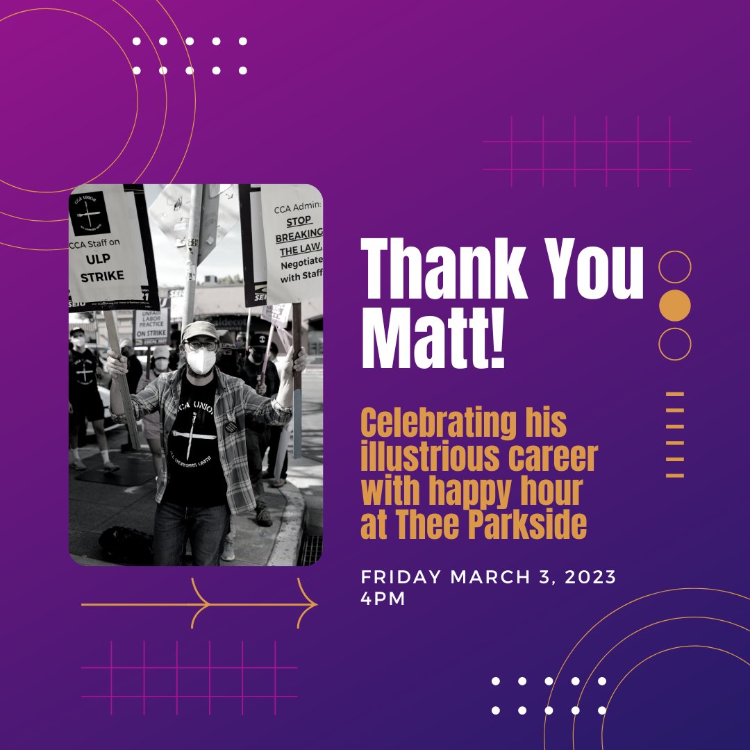 sfoakunite's tweet photo. 💥TODAY!💥 Please join us in wishing Matt a fond farewell with Happy Hour at Thee Parkside on Friday, March 3rd at 4pm.
 
He will be sorely missed, but we are excited for him to take the next step in his career as he joins @seiu1021  as a field rep! https://t.co/PAqOVfCLEu