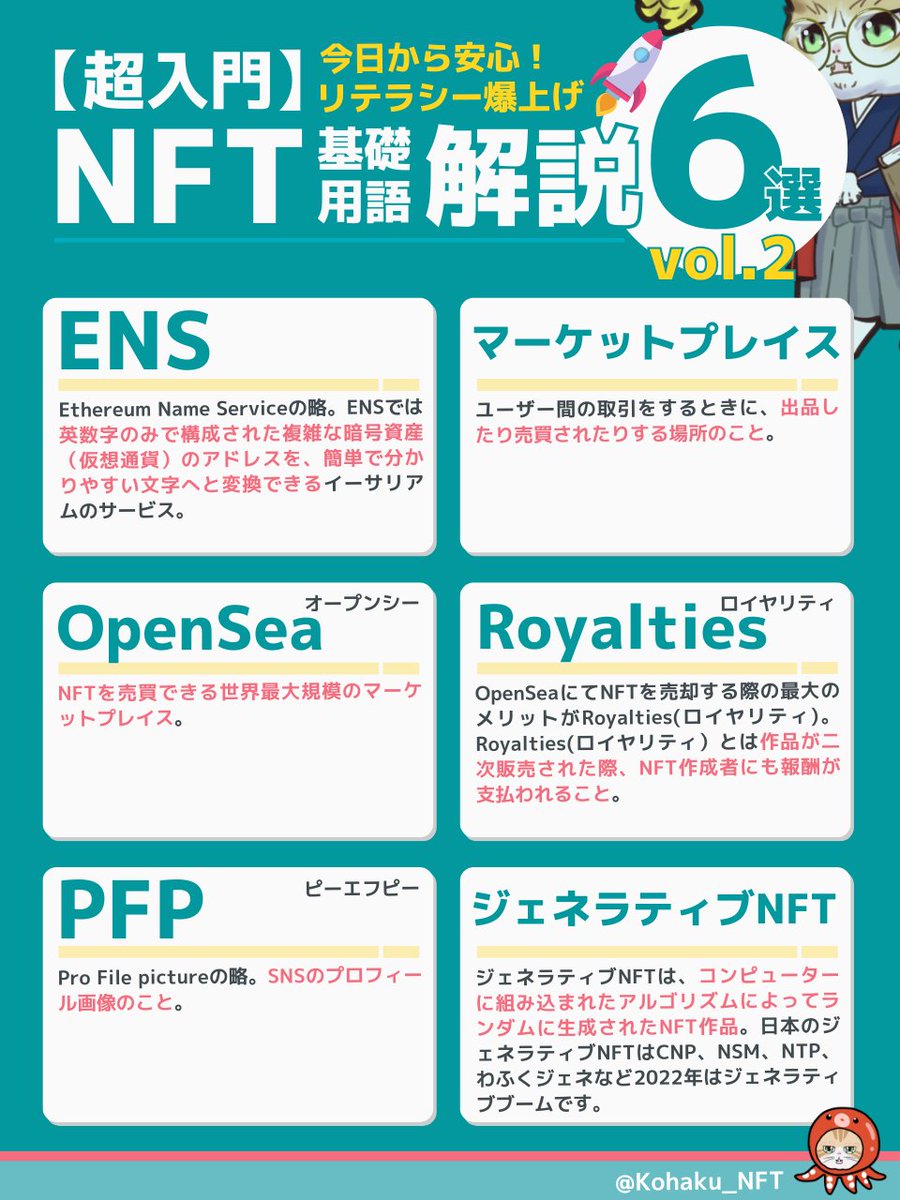 Kohaku_NFT's tweet photo. 1/
Web3やNFTを理解するのは大変なこと。私だってNFTは2年目の駆け出し。わからない所から始めました。

そこで、今すぐ使える専門用語を図解含めて54語共有します↓ https://t.co/0AWbL2rzE4