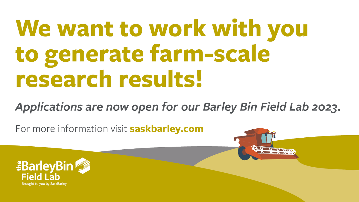 SaskBarley's tweet photo. Are you growing malt or feed barley in Saskatchewan this year? SaskBarley is seeking barley farmers to grow on-farm trials in 2023. Deadline to apply is March 15. Learn more here: https://t.co/QKusHVGi4N #BarleyBinFieldLab https://t.co/vg9H6KIzEb