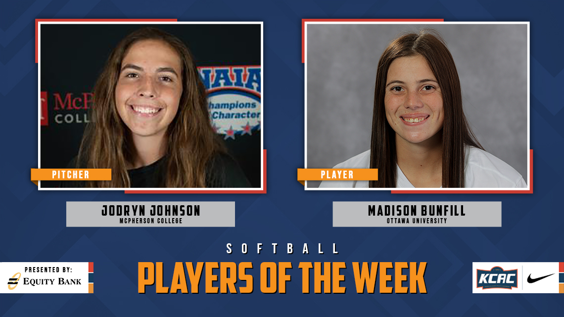 Jordyn Johnson of <a href="/MAC_Bulldogs/">McPherson Athletics</a> and Madison Bunfill of <a href="/BravesAthletics/">Braves Athletics</a> Earn KCAC Softball Weekly Honors, presented by <a href="/EQUITYBANK/">Equity Bank</a>! bit.ly/3KF1vSi #KCACsb #LetsBuildEquity #LetsBuildLeaders

<a href="/NAIA/">NAIA</a>