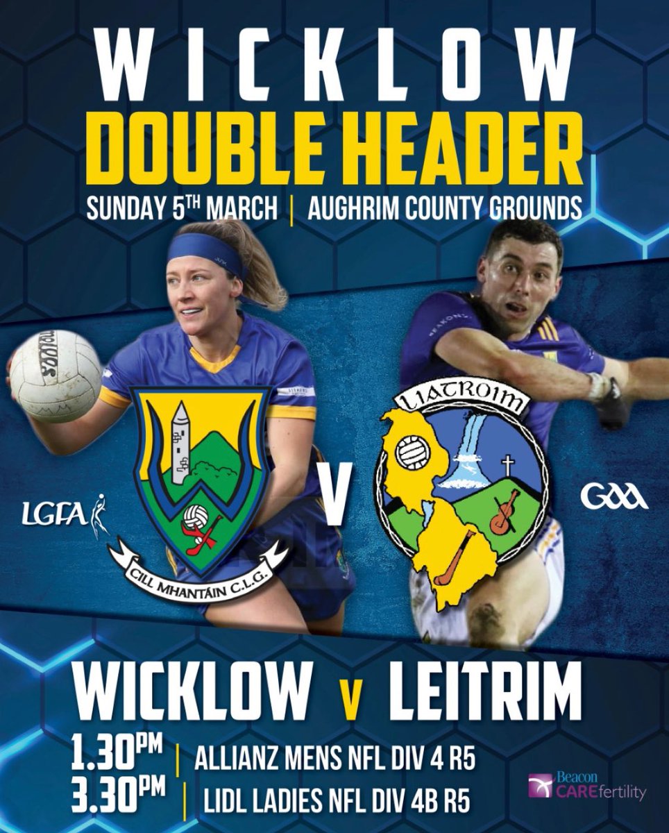 Double header in Aughrim not to be missed Sunday 5th of March 
Watch as our Ladies and Men’s team take on Leitrim in league games in Aughrim 🔵🟡
@wicklowgaa Division 4 Allianz Football league @ 1:30pm
Our Intermediate ladies in Division 4 @ 3:30pm 
#nothingbeatsbeingthere