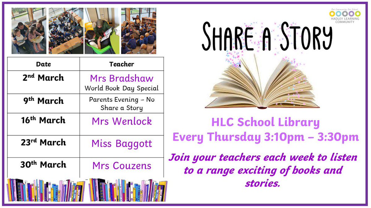 MrsBradshawHLC's tweet photo. It is back 🎉 Share a Story recommences this Thursday for our World Book Special 📚 We’ll bring the stories, you bring the creativity 🖌️🎨 @HLC_Primary Hope to see you all there ⭐️ https://t.co/ZXz8Ujif8u