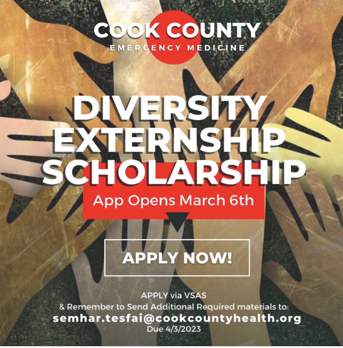 Cook County EM (@cookcountyem) on Twitter photo 🚨 𝗖𝗔𝗟𝗟𝗜𝗡𝗚 𝗥𝗜𝗦𝗜𝗡𝗚 𝗠4𝘀! 🚨
Apply for the CCH Diversity Externship Scholarship!! We are now accepting apps concurrently with VSAS! Submit additional scholarship materials to semhar.tesfai@cookcountyhealth.org
🚨Deadline April 3rd🚨
cookcountyem.com/diversity-exte… 🚨 𝗖𝗔𝗟𝗟𝗜𝗡𝗚 𝗥𝗜𝗦𝗜𝗡𝗚 𝗠4𝘀! 🚨
Apply for the CCH Diversity Externship Scholarship!! We are now accepting apps concurrently with VSAS! Submit additional scholarship materials to semhar.tesfai@cookcountyhealth.org
🚨Deadline April 3rd🚨
cookcountyem.com/diversity-exte…