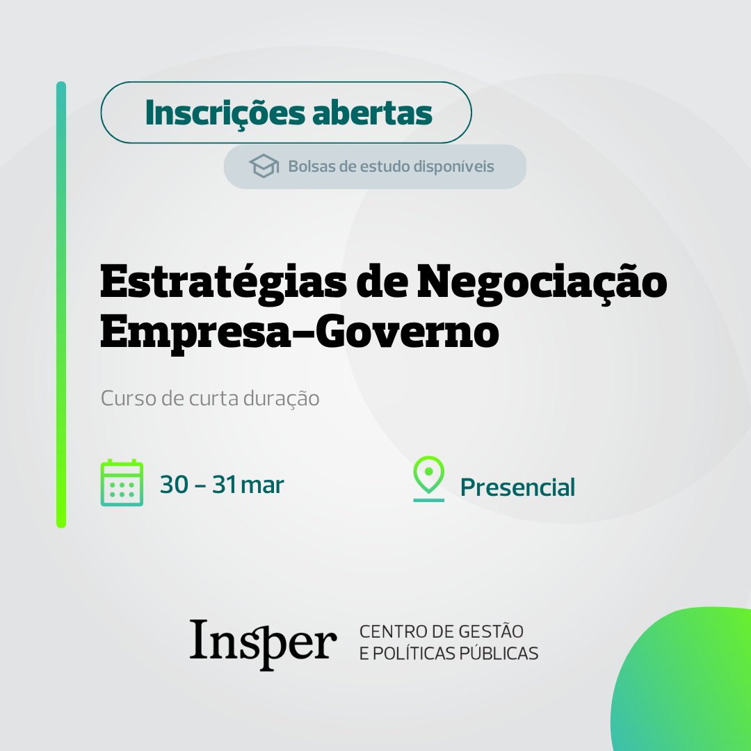 Insper's tweet photo. O curso é direcionado a profissionais com mais experiência e que desejam se aprofundar em estratégias e técnicas para negociações complexas com o poder público, visando ganhos para empresas, governo e sociedade.
✅ Saiba mais e inscreva-se: https://t.co/jasFaSr7FY
#RelGov #RIG https://t.co/ZVI4NTbDYq