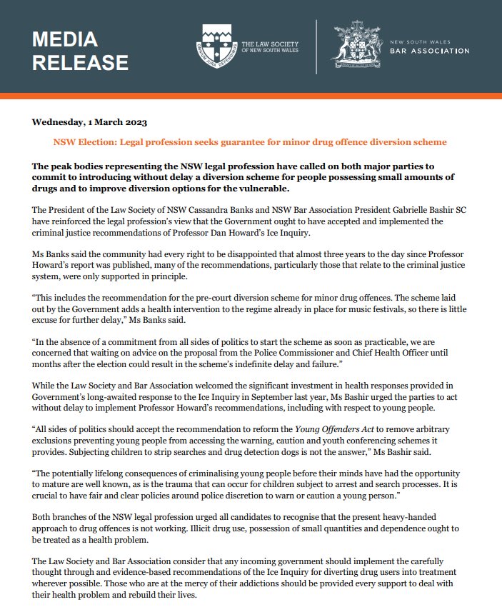 LSNSW_President's tweet photo. NSW voters have every right to be disappointed that almost 3 yrs to the day since Prof Dan Howard’s #IceReport, that a pre-court diversion scheme for minor drug offences languishes in delay
In #NSWvotes2023 @LawSocietyNSW + @NSWBar are calling for its immediate introduction 1/2 https://t.co/35lK6mpKkk