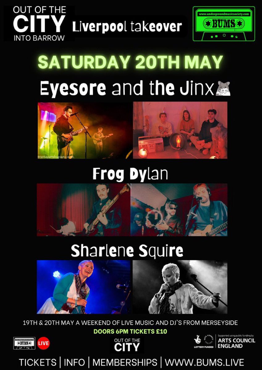 Returning to Barrow for a night on the town with our chums @frogdylanband on the 20th of May. Sharlene Squire opening things up an all. 

Looking forward to recreating the magic of our last pre-covid gig. Bring ya sens Barrow. 🎟 linktr.ee/eyesoreandthej…

📸 krobber