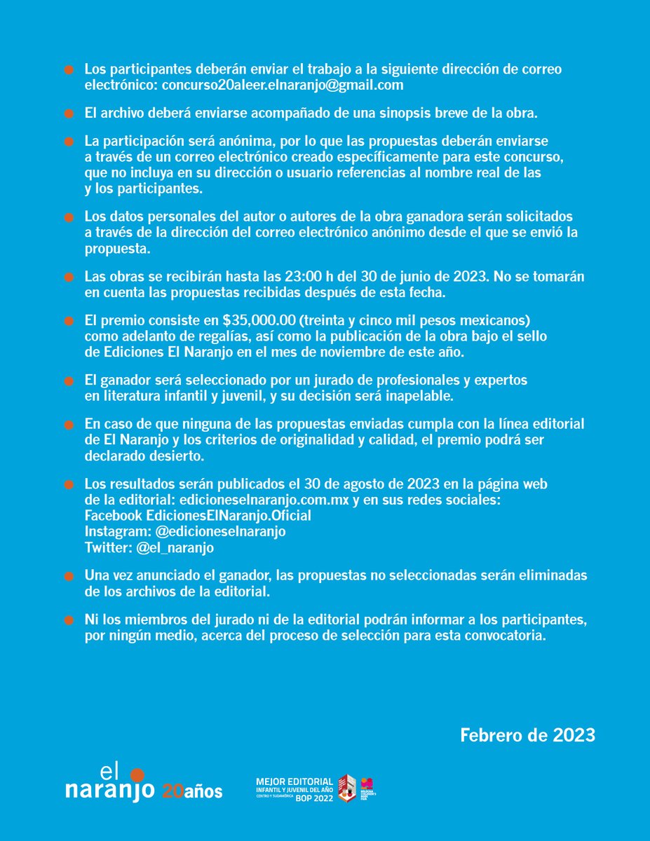 el_naranjo's tweet photo. Amigos: para celebrar los 20 años de #ElNaranjo abrimos un concurso de libro álbum en el que podrán participar personas de todo el mundo. 🌎🍊📙

Los invitamos a participar y a correr la voz. En sus marcas, listos, ¡fuera! 📖🎉

#veintealeer #libroalbum #SácaleJugoALaLectura https://t.co/n1CuOPtF9j