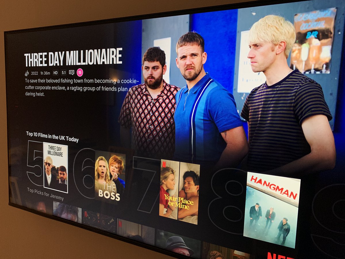 jeremyjameshunt's tweet image. This is proper bonkers… Three Day Millionaire is in the Top 5 Films on Netflix today… So proud to have scored this film!