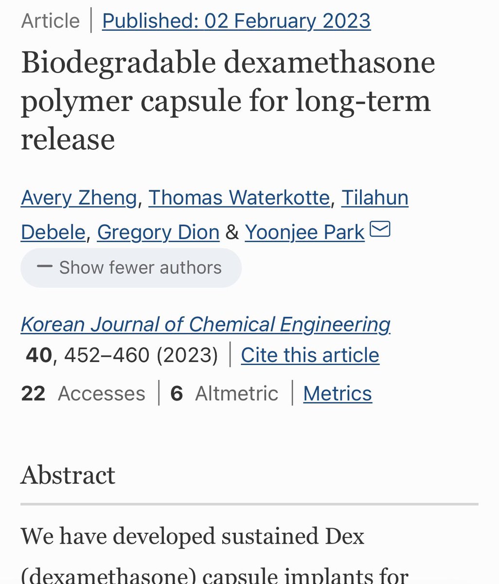 gregmd_cincy's tweet photo. 1st published paper with my colleague Younjee Park, PhD in the UC College of Engineering 📖 “Biodegradable dexamethasone polymer capsule for long-term release”.
#DionLab #laryngology #cincinnati #ent #KoreanJournalofChemicalEngineering @UCincyMedicine @UC_CEAS https://t.co/LPDrPbh7hC