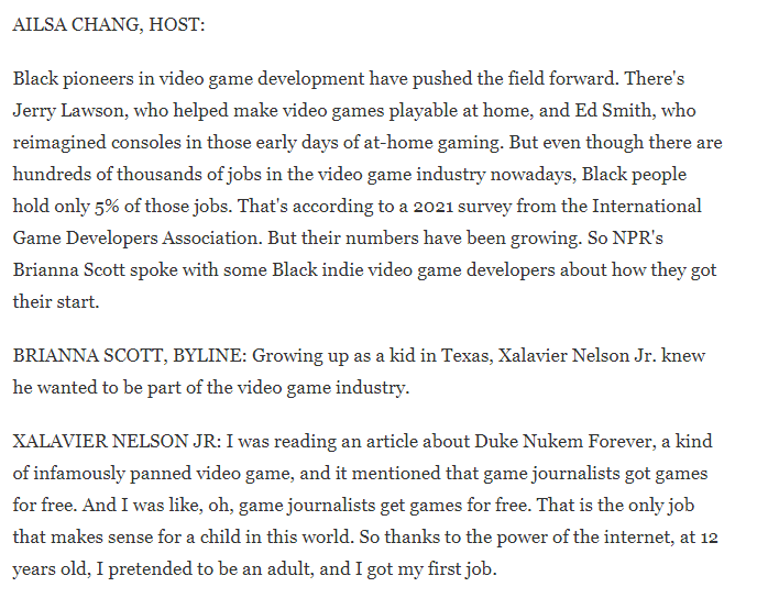 "The thing that I really have always loved about games is the ability to become something else or to imagine different worlds."

Proud of our Game Devs of Color Expo community folks, interviewed by NPR! Huge shout out to Catt, Xalavier, &amp; Neil! 💚💙 

🎧: npr.org/2023/02/27/115…