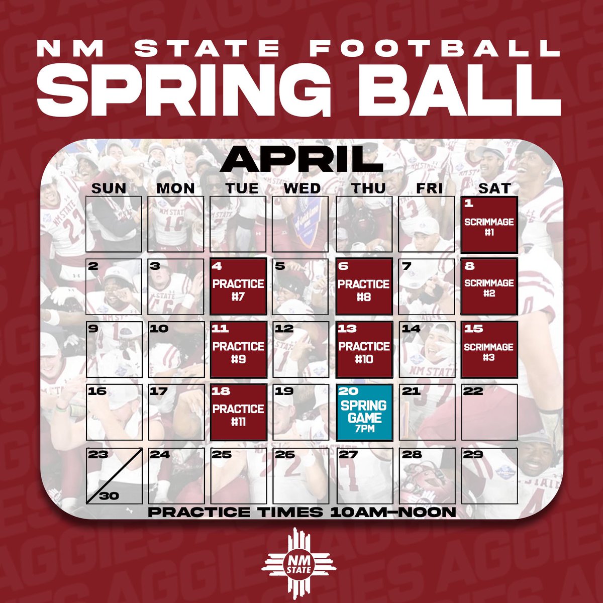 We’ll start Spring Ball on March 21st and wrap up with the Spring Game on April 20 🔥😤 Practices are free and open to the public! #AggieUp