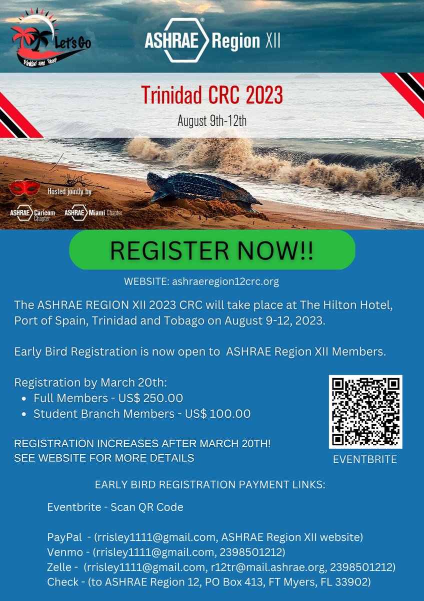 𝐑𝐄𝐆𝐈𝐒𝐓𝐄𝐑 𝐍𝐎𝐖 for the Ashrae Region XII CRC 2023 in Trinidad.  Early Bird Registration 🐦is available between now and March 20, 2023.  𝐑𝐄𝐆𝐈𝐒𝐓𝐑𝐀𝐓𝐈𝐎𝐍 𝐈𝐍𝐂𝐑𝐄𝐀𝐒𝐄𝐒 𝐀𝐅𝐓𝐄𝐑 𝐌𝐀𝐑𝐂𝐇 𝟐𝟎! For more information,  ashraeregion12crc.org #MyASHRAE #YEA